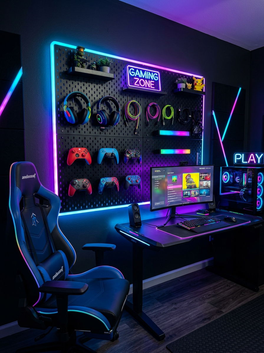 Gaming Station Pegboard - 30 office pegboard ideas