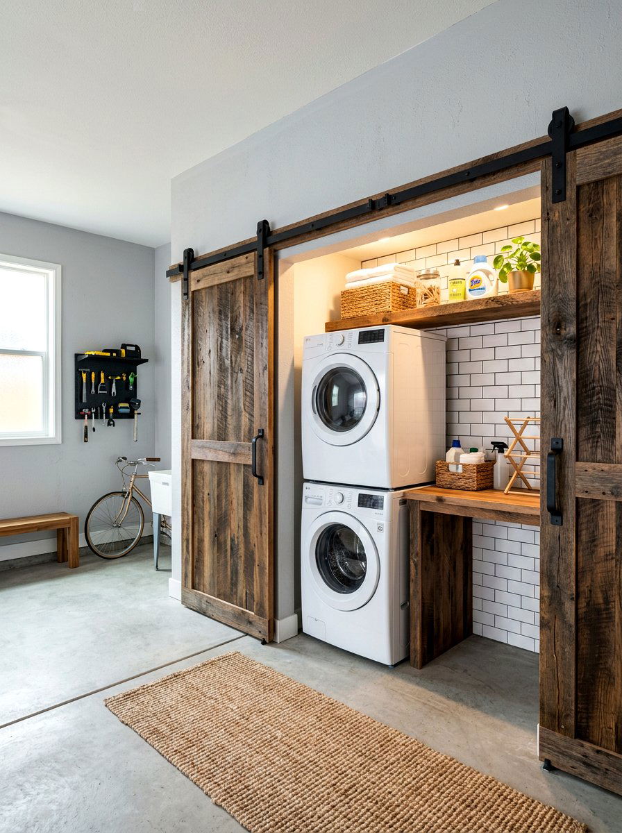 Garage laundry behind barn doors - 30 garage laundry combo ideas
