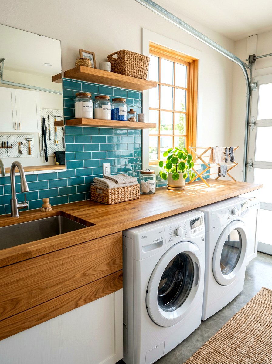 Garage laundry with butcher block counter - 30 garage laundry combo ideas