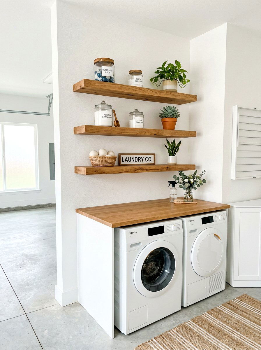 Garage laundry with floating shelves - 30 garage laundry combo ideas