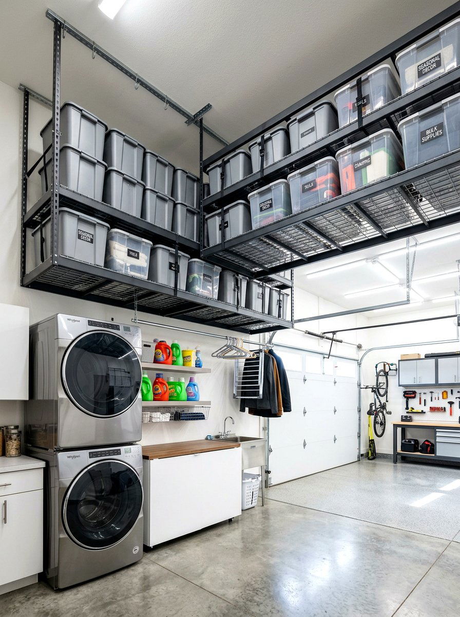Garage laundry with overhead storage - 30 garage laundry combo ideas