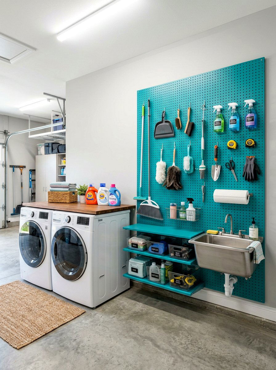 Garage laundry with pegboard storage - 30 garage laundry combo ideas