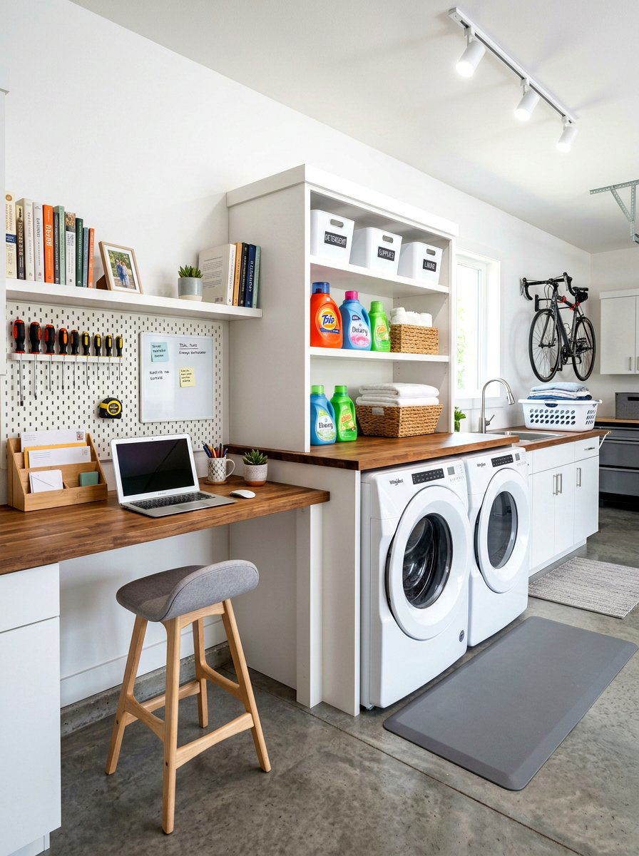 Garage laundry with workstation - 30 garage laundry combo ideas