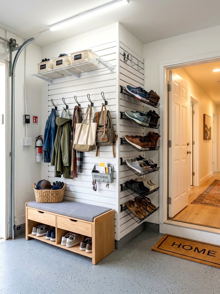 Garage mudroom storage zone - 30 garage slatwall ideas