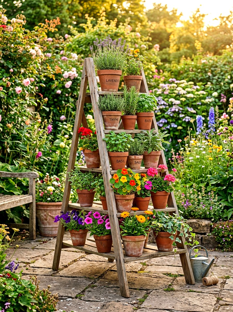 Garden Ladder Stand - 30 outdoor vertical garden ideas