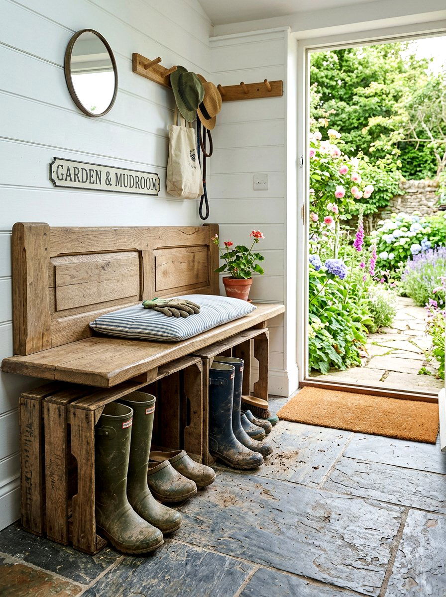 Garden Mudroom Crate Bench - 30 garden crate storage ideas