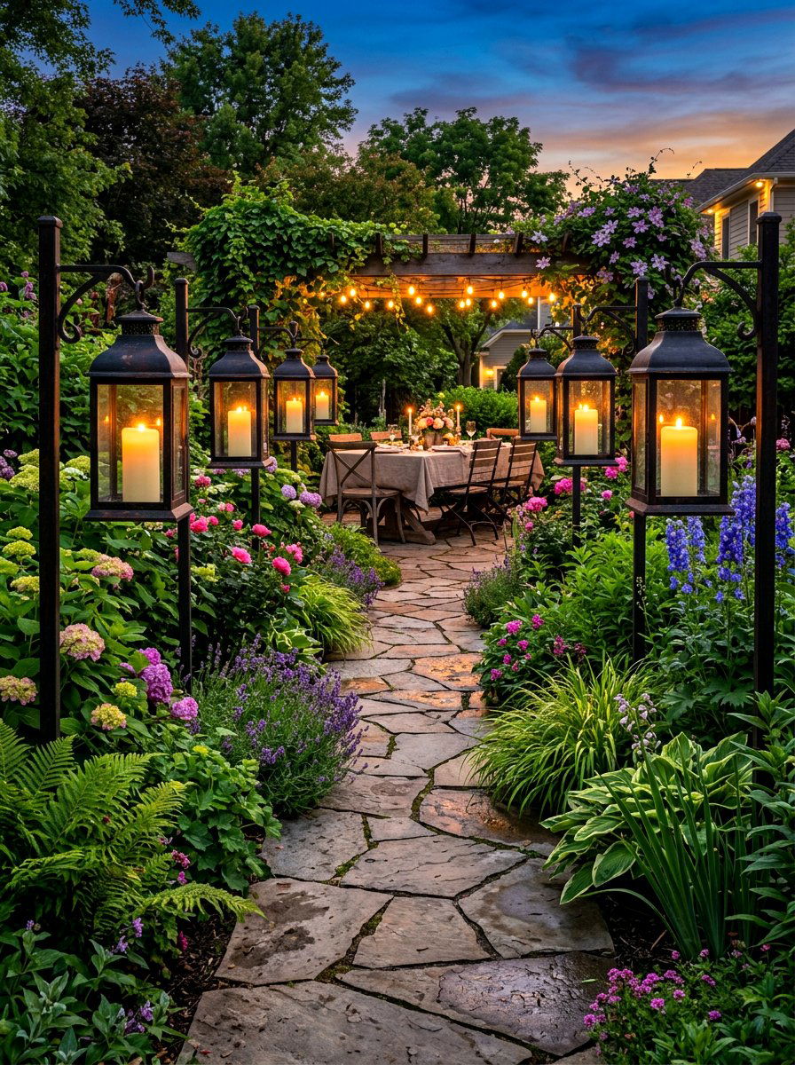 Garden Pathway Lanterns - 30 backyard candlelight dinner ideas