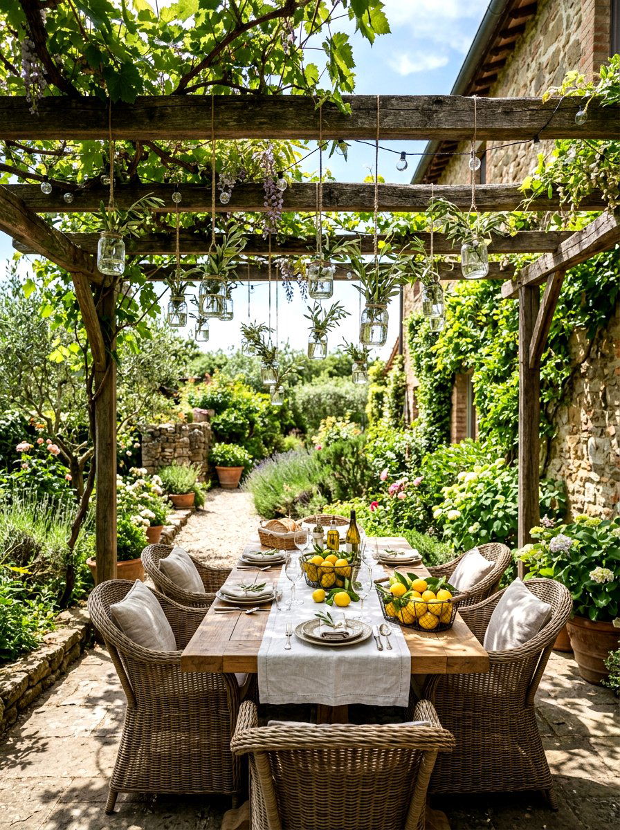 Garden Pergola Dining - 30 lemon and olive summer tablescape ideas