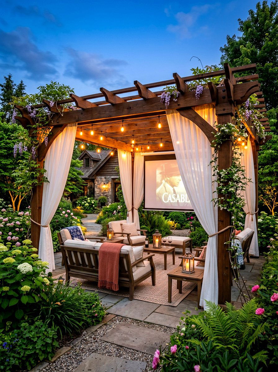 Garden Pergola Theater - 30 outdoor movie night ideas
