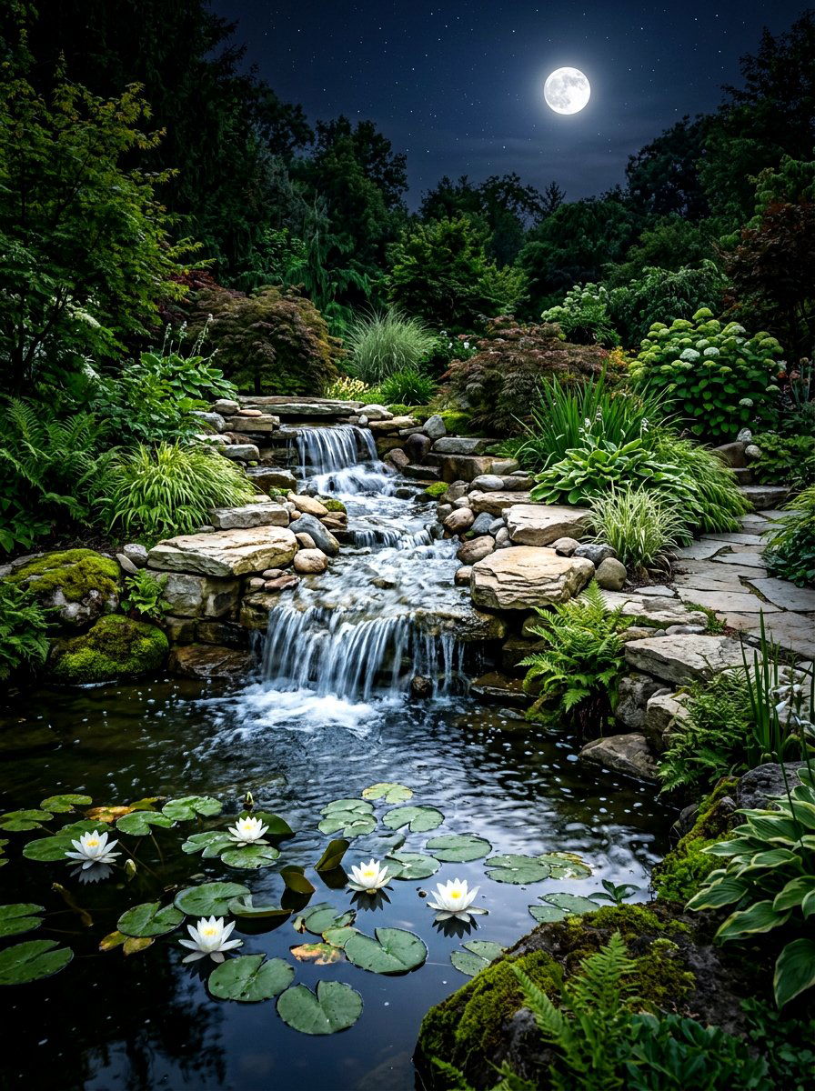 Garden Pond Waterfall - 30 moon garden backyard ideas