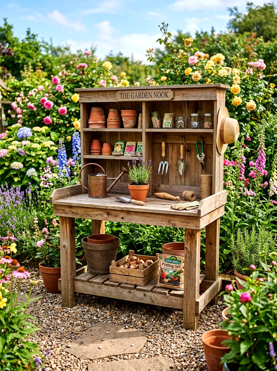 Garden Potting Bench - 30 backyard staycation ideas