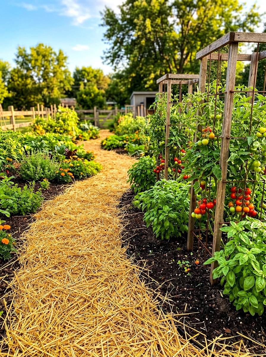 Garden Straw Path - 30 vegetable garden path ideas