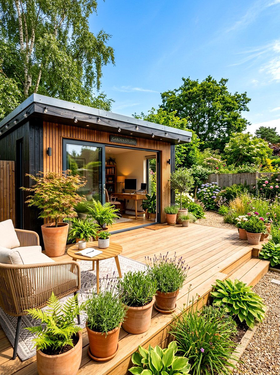 Garden Studio Deck - 30 art shed ideas