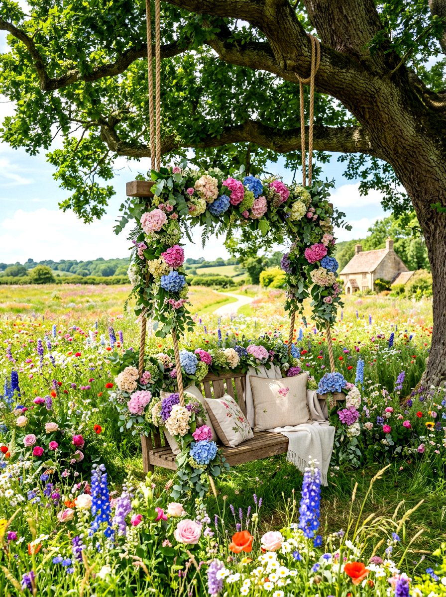 Garden Swing Floral Display - 30 cottage garden wedding ideas
