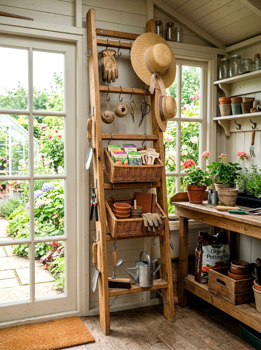 Garden Tool Storage Ladder - 30 repurposed ladder garden ideas