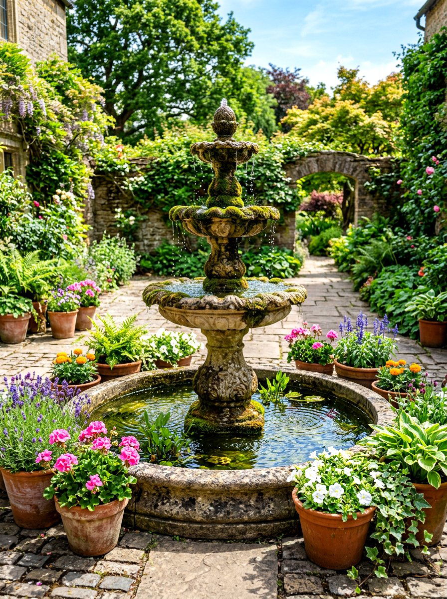 Garden Water Fountain - 30 Mediterranean backyard lounge ideas