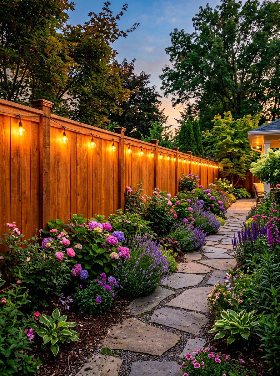 Garden fence lighting - 30 string light ideas