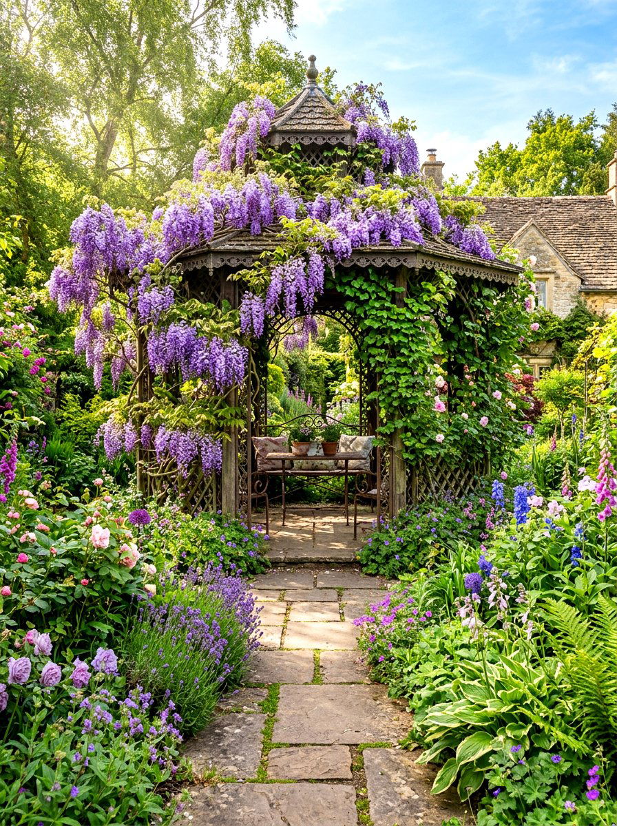 Garden gazebo with climbing plants - 30 hexagon gazebo ideas