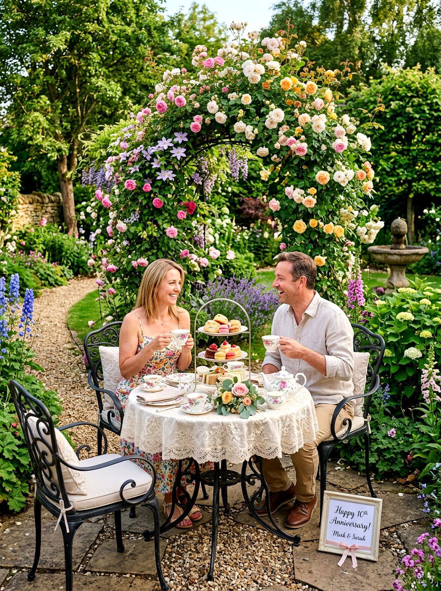 Garden high tea layout - 30 anniversary dinner at home ideas