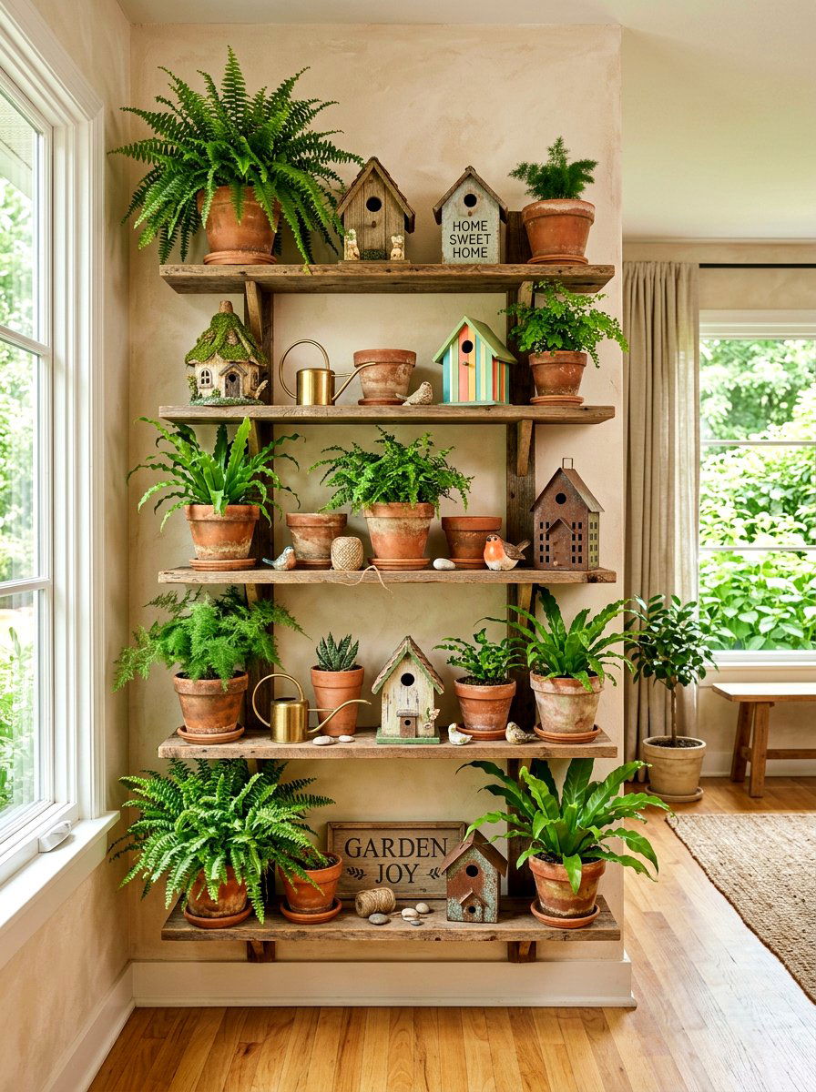 Garden inspired shelf - 30 summer shelf decor ideas