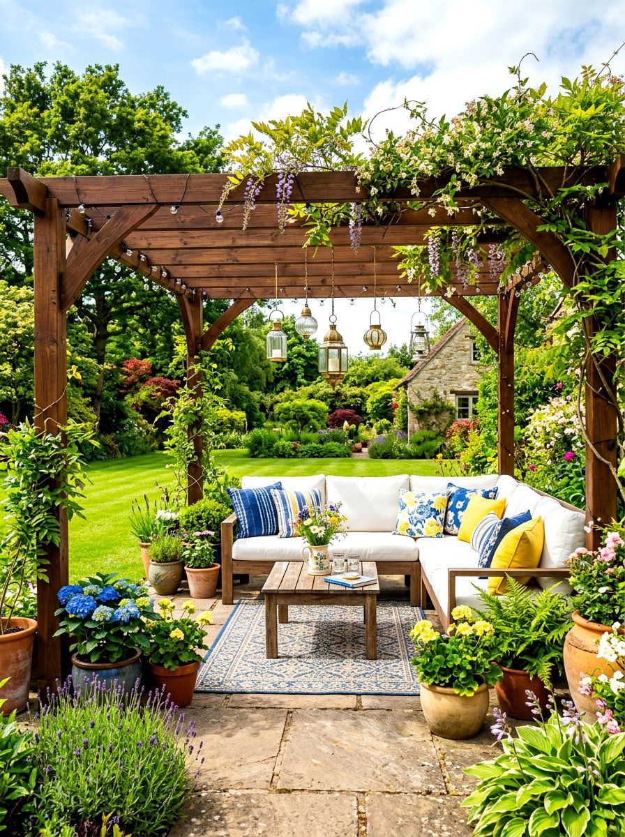 Garden pergola seating - 30 bridal shower garden party ideas