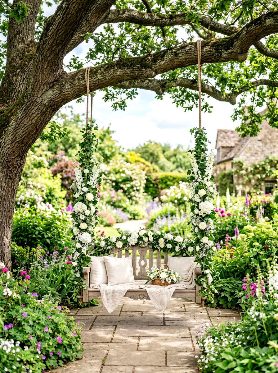 Garden swing photo opportunity - 30 baby shower backyard decor ideas