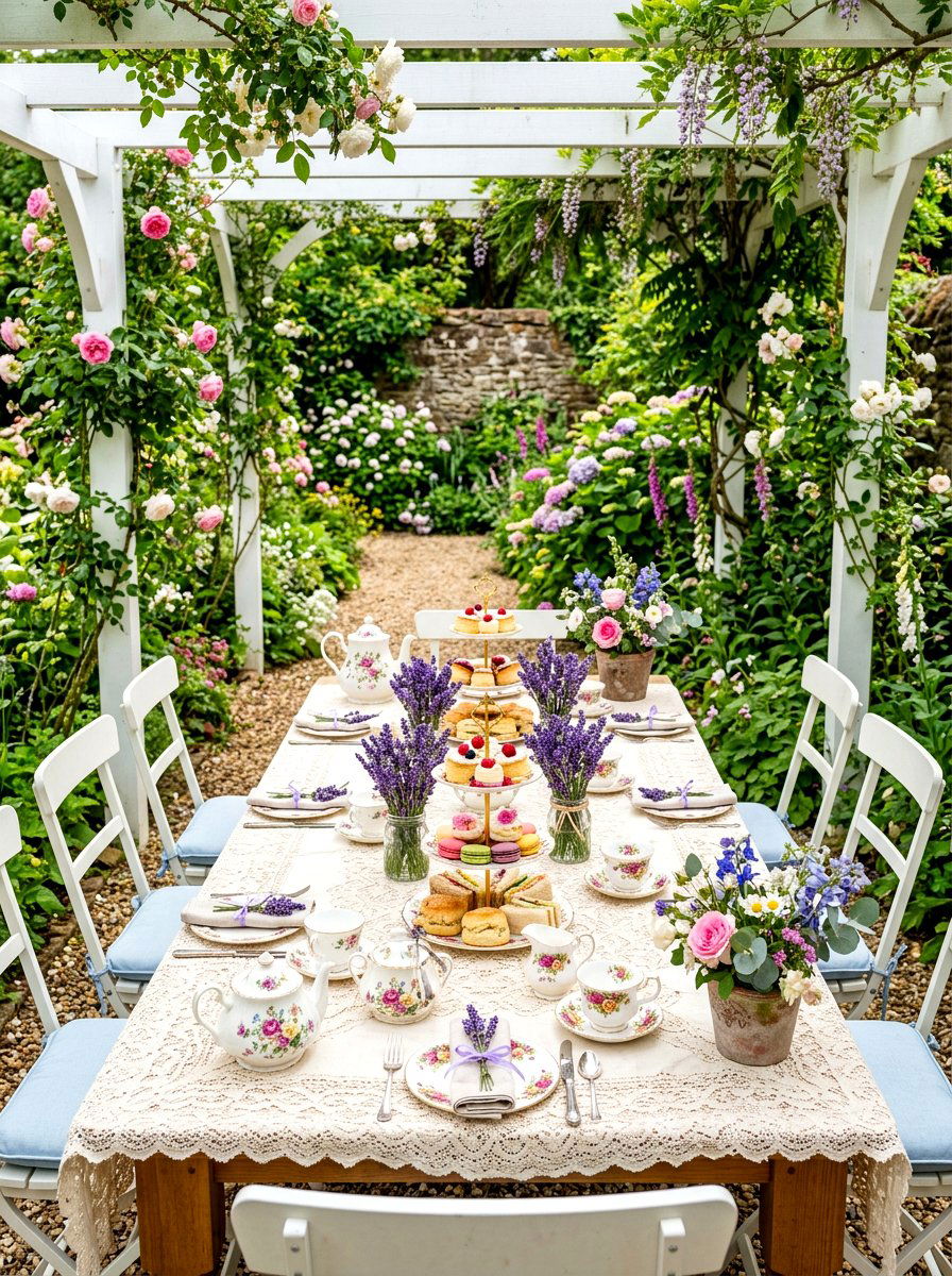 Garden tea party table - 30 baby shower backyard decor ideas