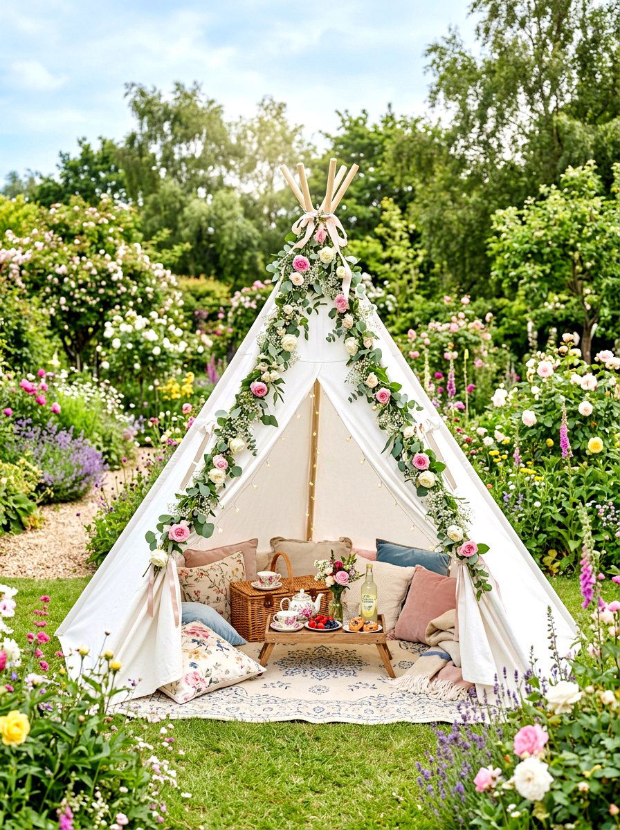 Garden teepee picnic - 30 backyard picnic area ideas
