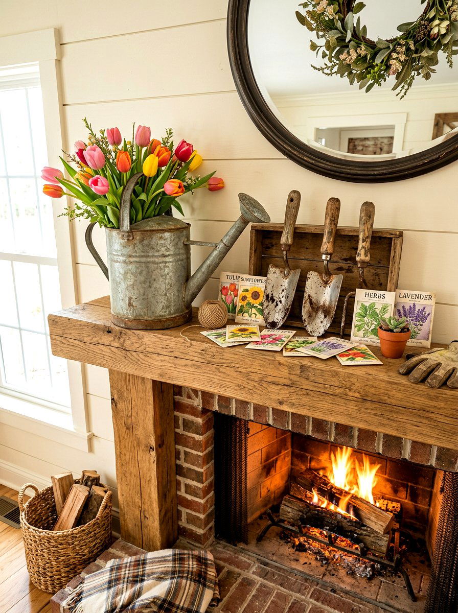 Garden tool and watering can mantel - 30 spring mantel decor ideas