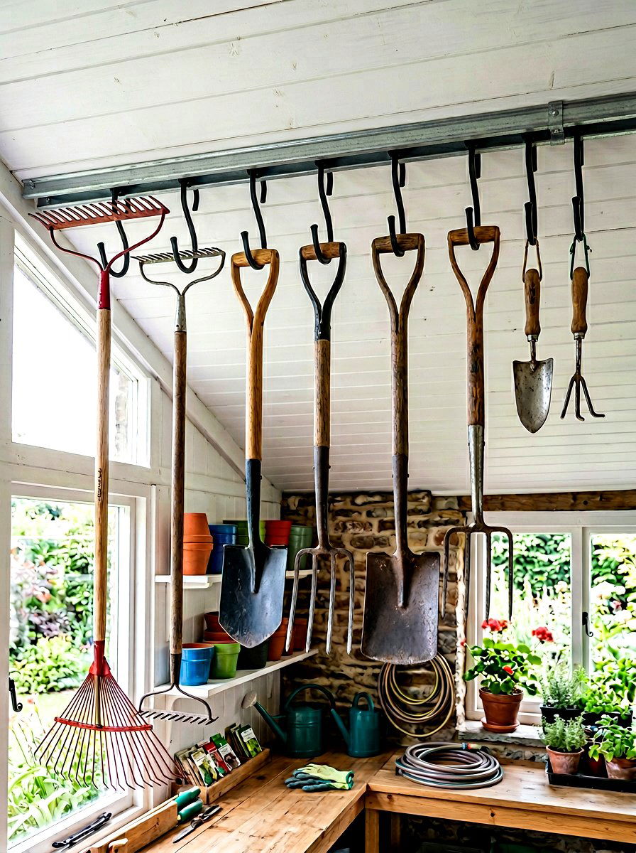 Garden tool ceiling hooks - 30 garage ceiling storage ideas