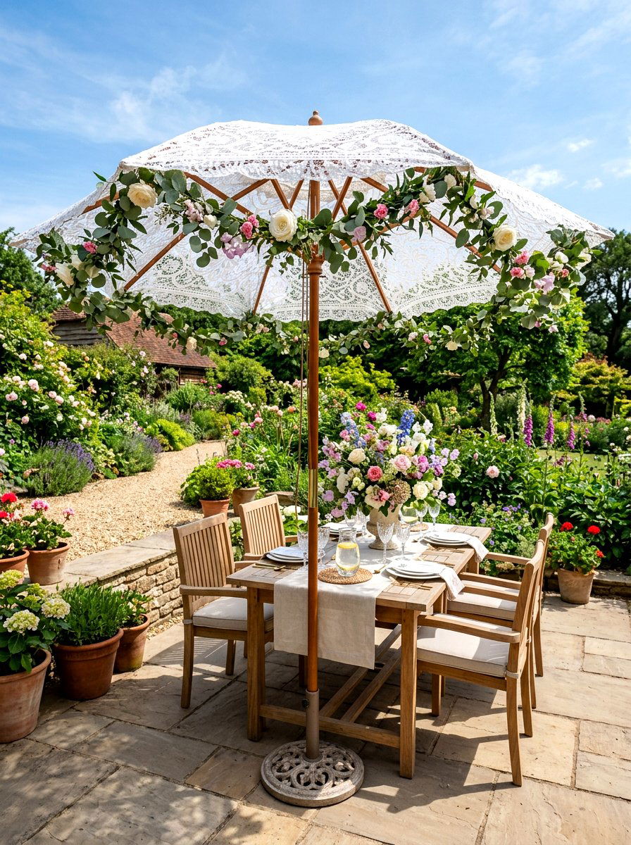Garden umbrella table setup - 30 garden baby shower table ideas