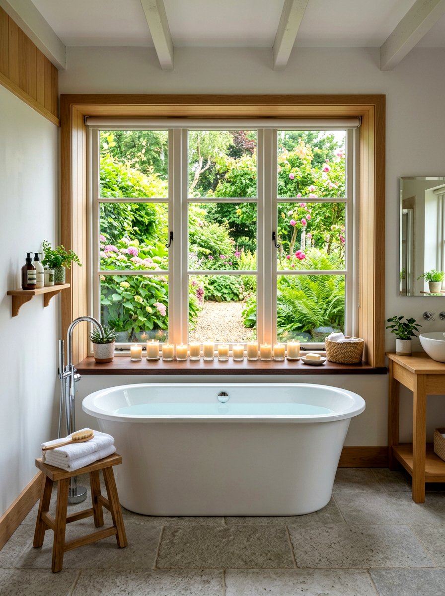 Garden view bathroom with windowsill candles - 30 candlelit bathroom ideas