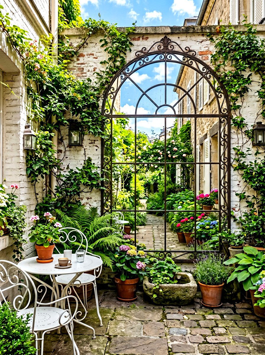 Garden wall mirror - 30 tiny courtyard garden ideas