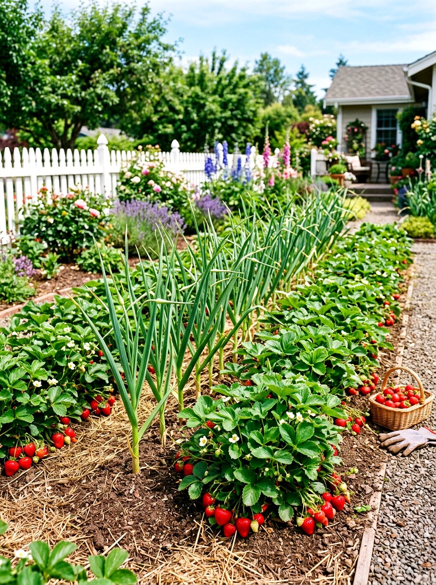 Garlic and strawberry garden bed - 30 vegetable garden companion planting ideas