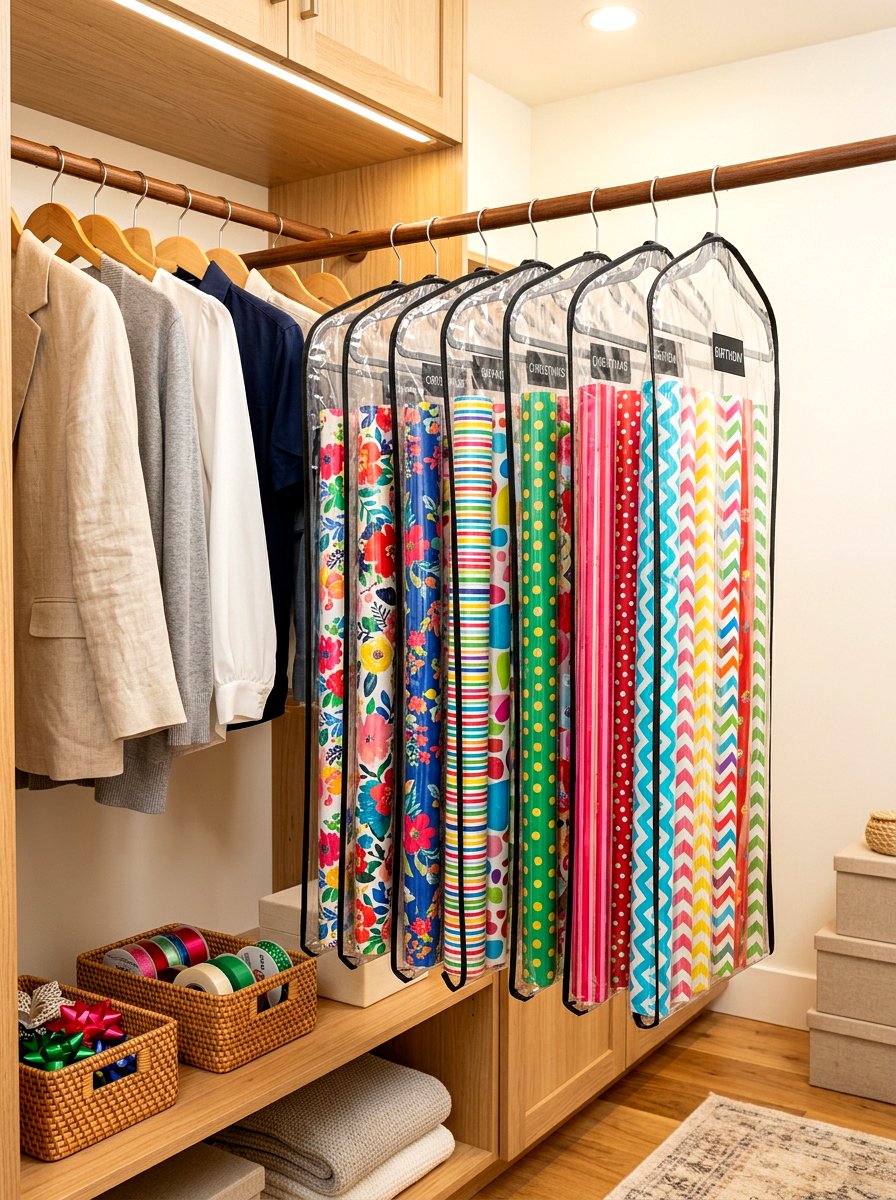 Garment bag wrapping paper holder - 30 wrapping paper storage ideas