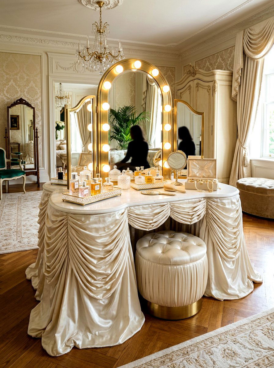 Gathered Silk Dressing Table - 30 skirted table ideas