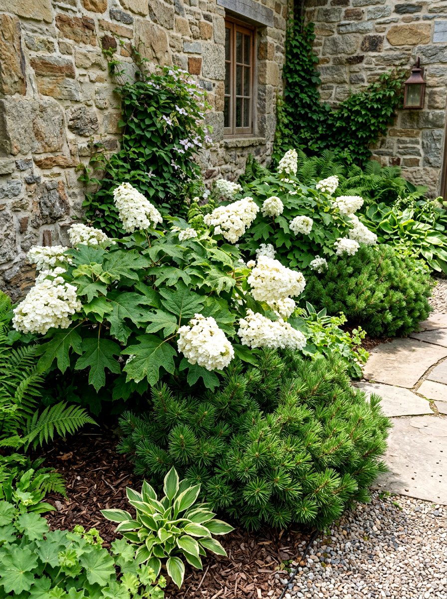 Gatsby Moon oakleaf hydrangea and mugo pine - 30 evergreen and hydrangea landscape ideas