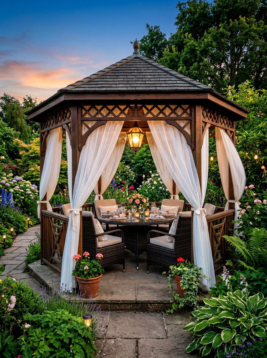 Gazebo With Curtains - 30 evening backyard lounge ideas