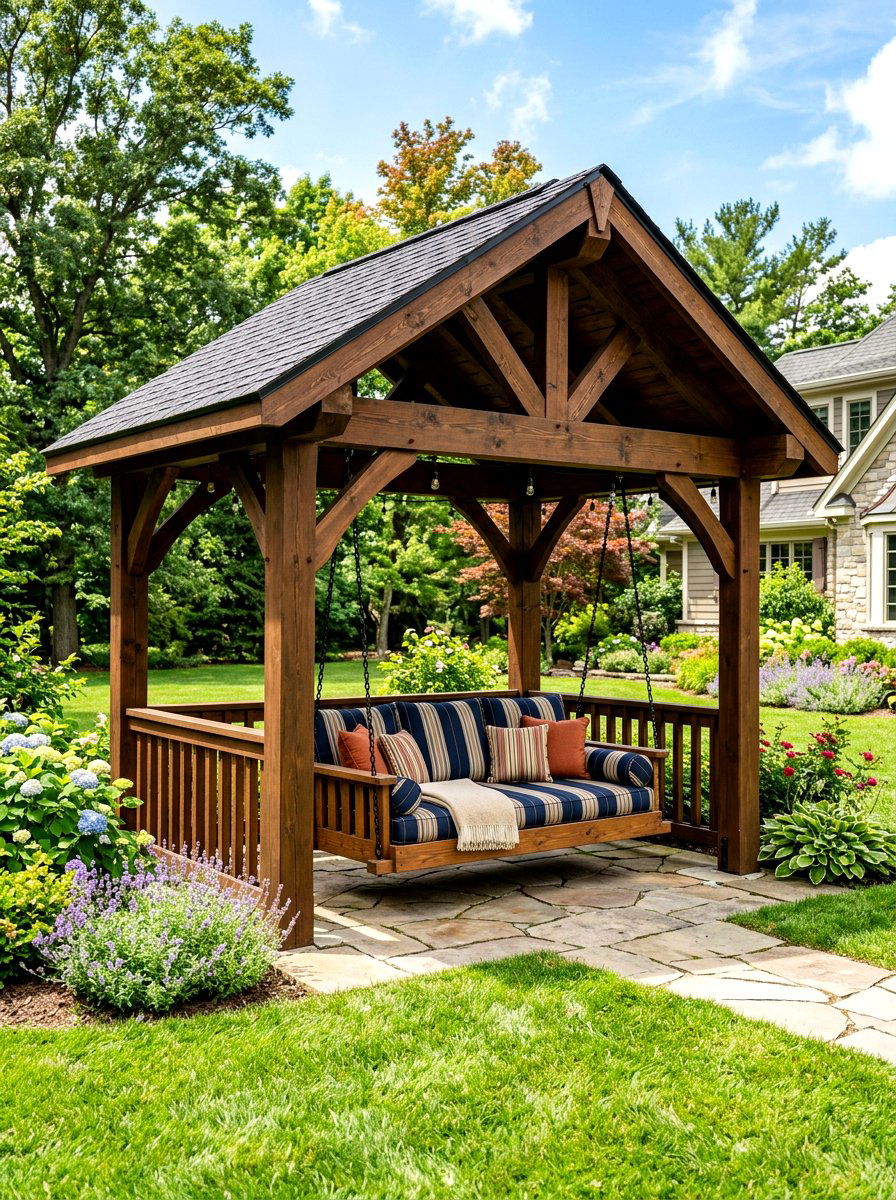Gazebo With Hanging Swing - 30 wooden gazebo ideas