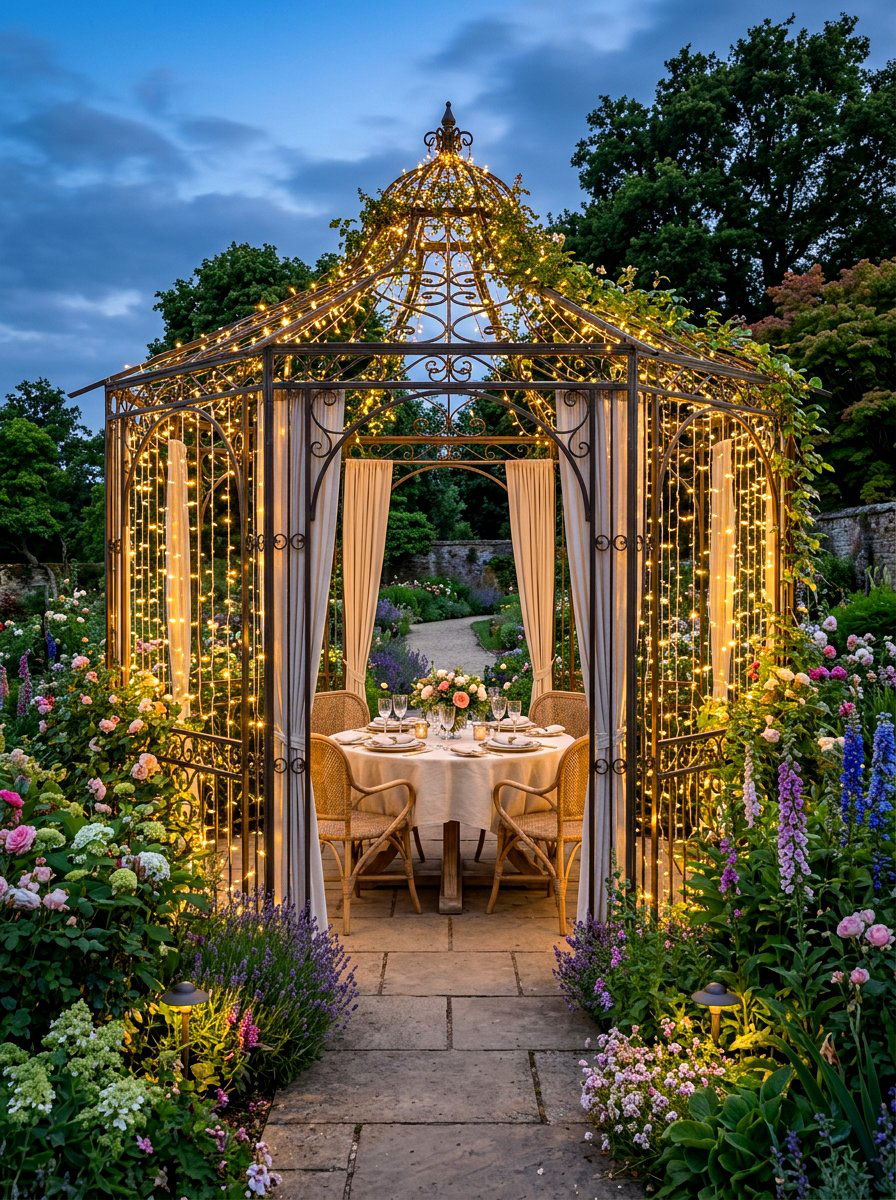 Gazebo curtain string light - 30 patio curtain string light ideas