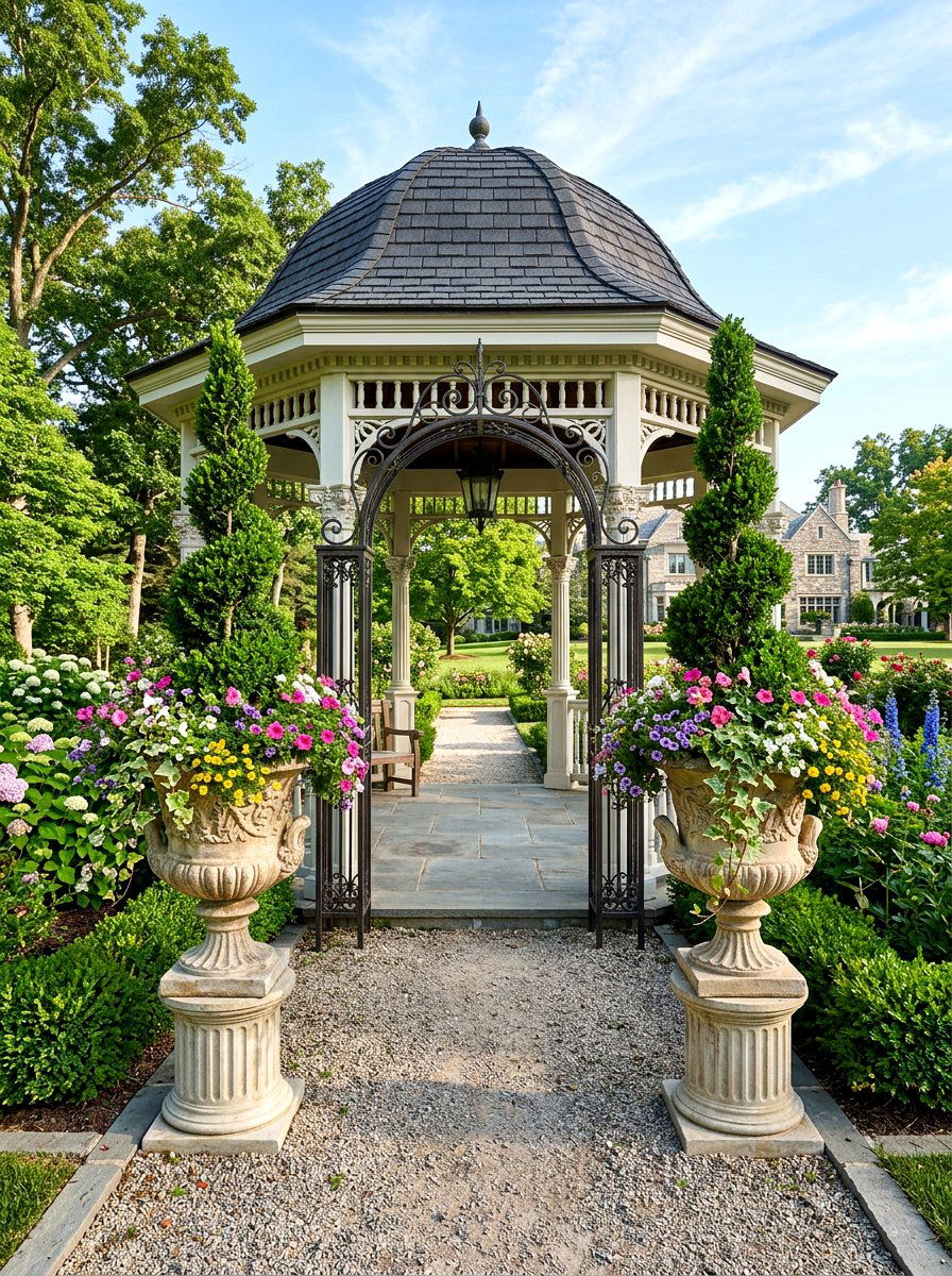 Gazebo entrance urn planters - 30 gazebo planter ideas