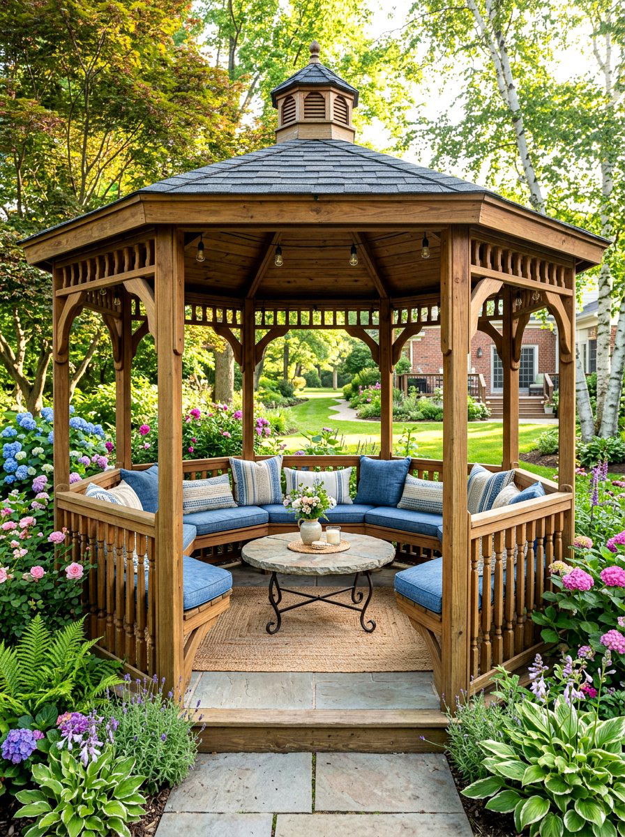 Gazebo with built in bench - 30 patio gazebo ideas