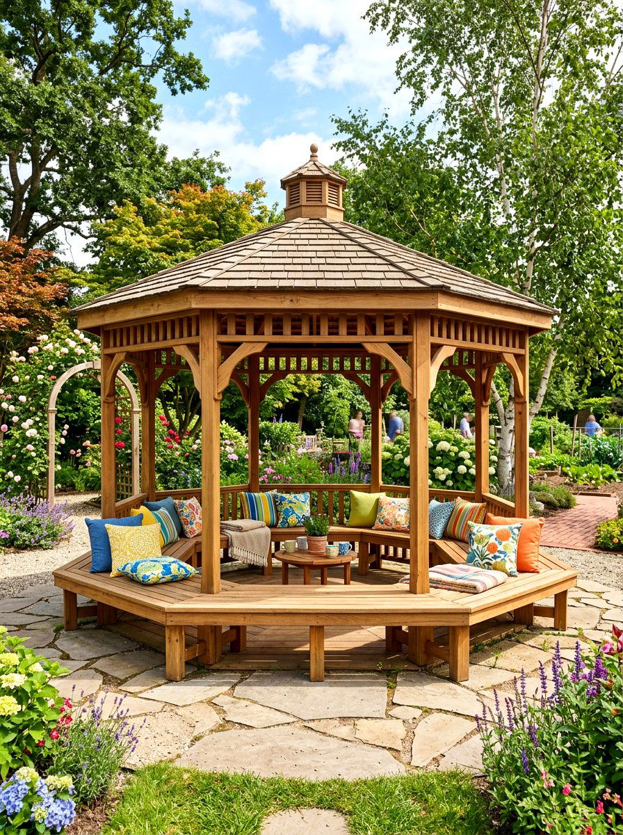 Gazebo with built in benches - 30 hexagon gazebo ideas