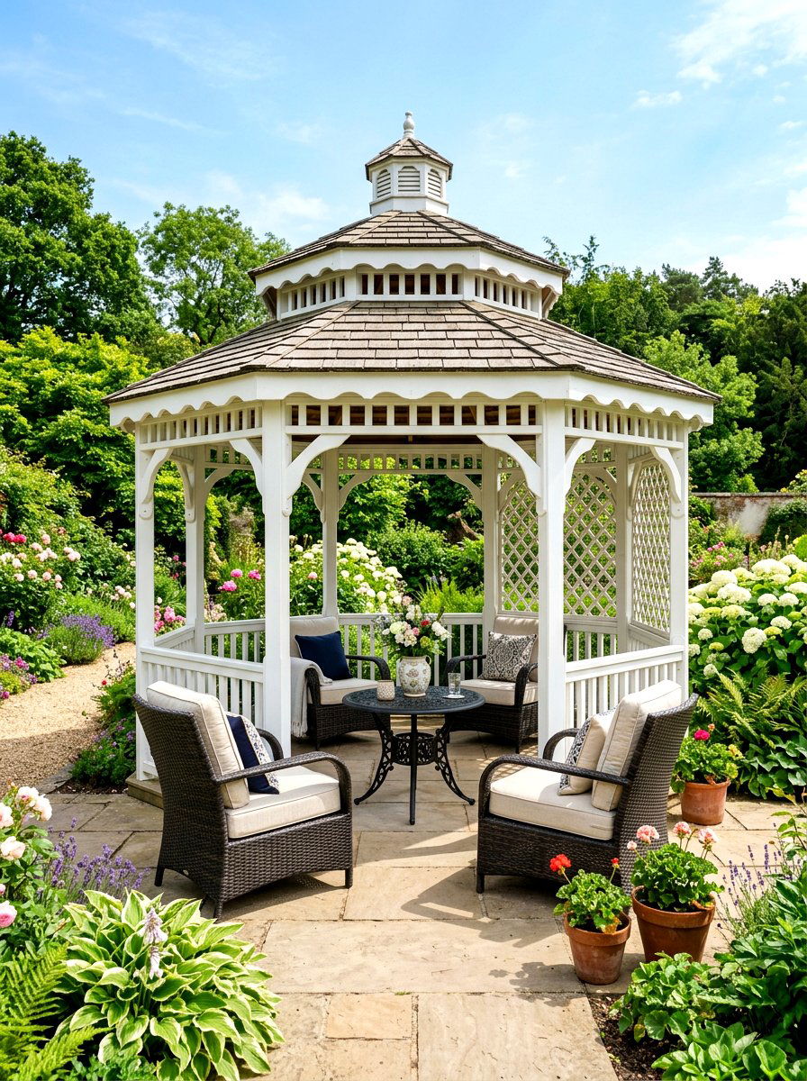 Gazebo with cushioned chairs - 30 patio conversation area ideas
