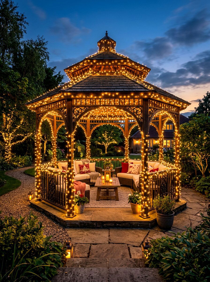 Gazebo with fairy lights - 30 hexagon gazebo ideas