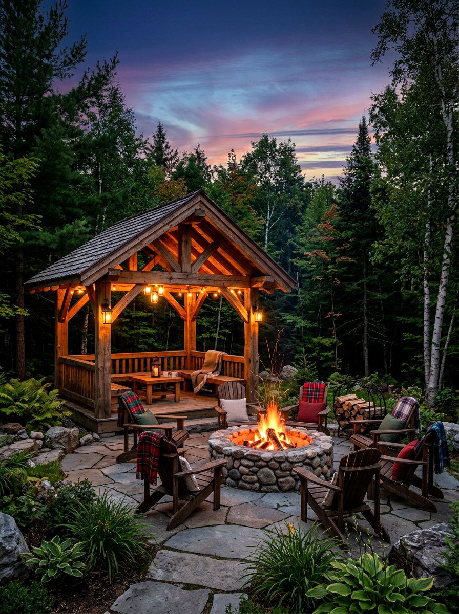 Gazebo with fire pit - 30 hexagon gazebo ideas