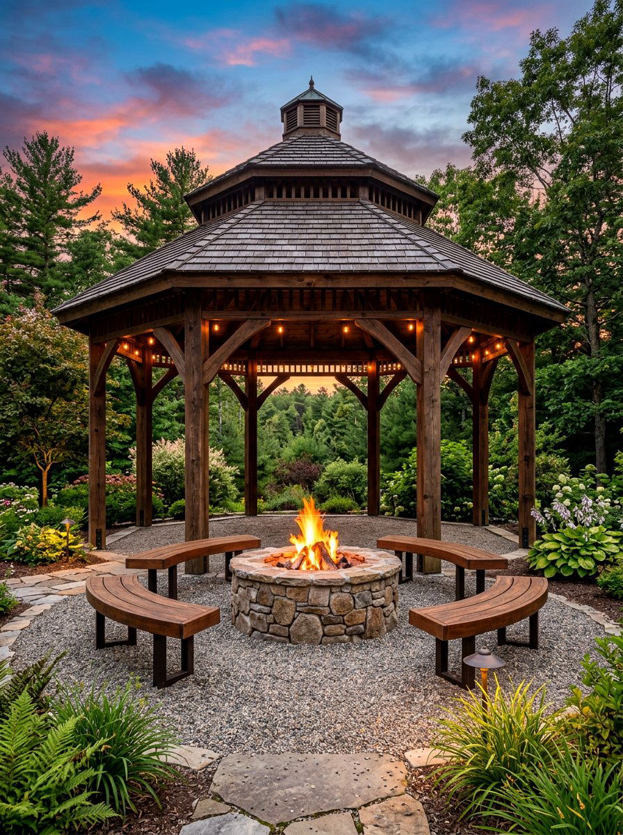 Gazebo with fire pit - 30 backyard gazebo ideas