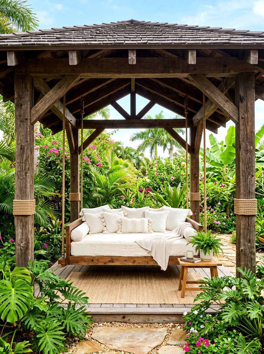 Gazebo with hanging bed - 30 backyard gazebo ideas