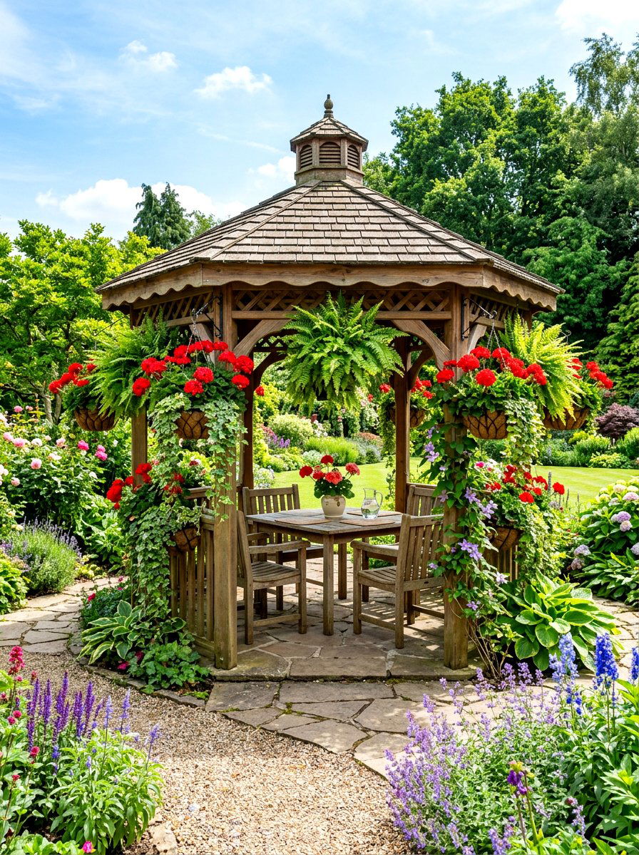 Gazebo with hanging plants - 30 hexagon gazebo ideas
