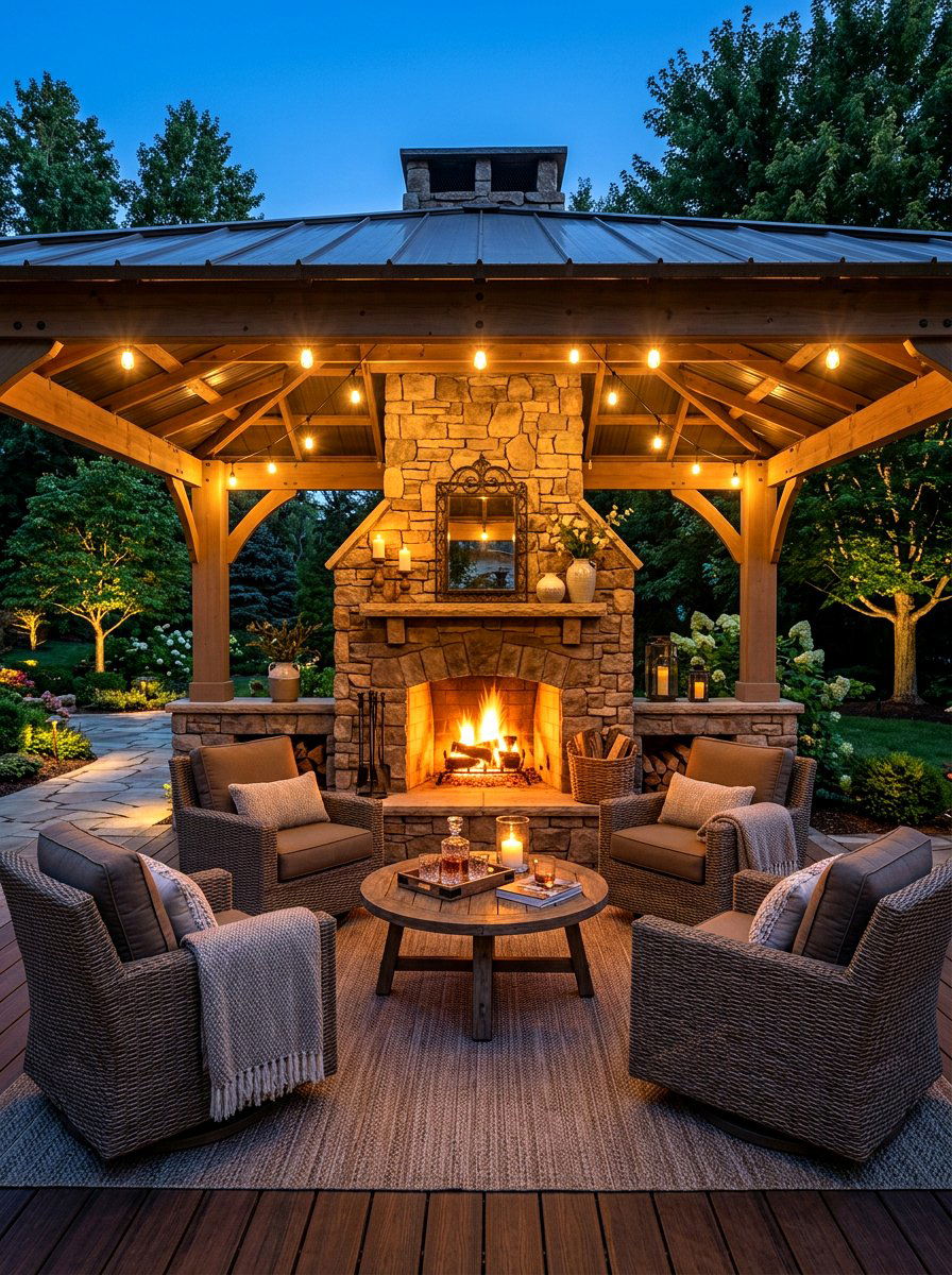 Gazebo with outdoor fireplace - 30 patio gazebo ideas